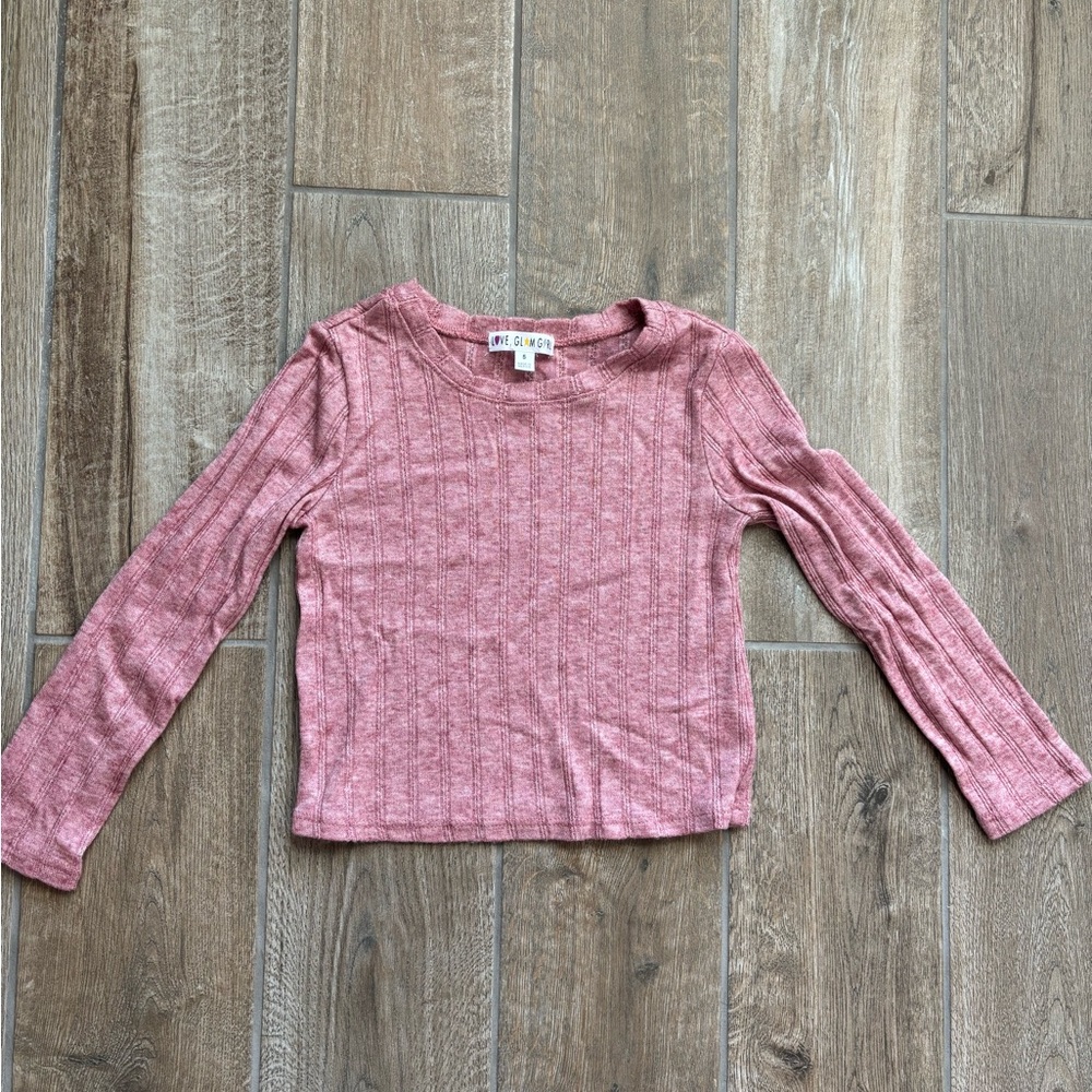 Love, Glam Girl Lightweight Pink Ribbed Knit Sweater with Long Sleeves